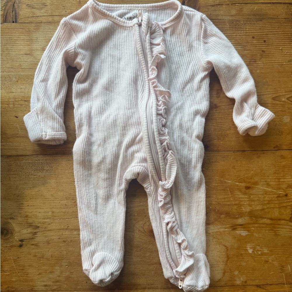 Caden Lane Pale Pink Ribbed Ruffle-Trim Footed One-Piece